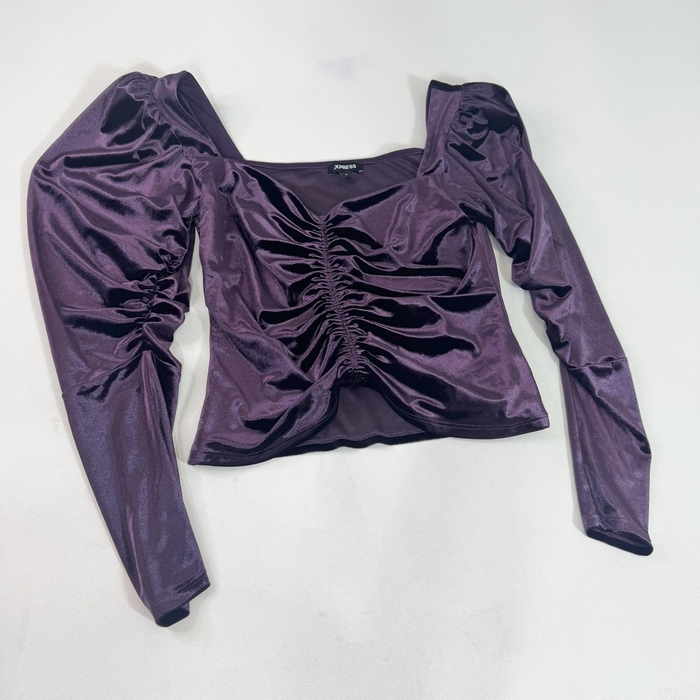 Express Shirt Womens Small Purple Coquette Vamp Milkmaid Puff Sleeve Velvet